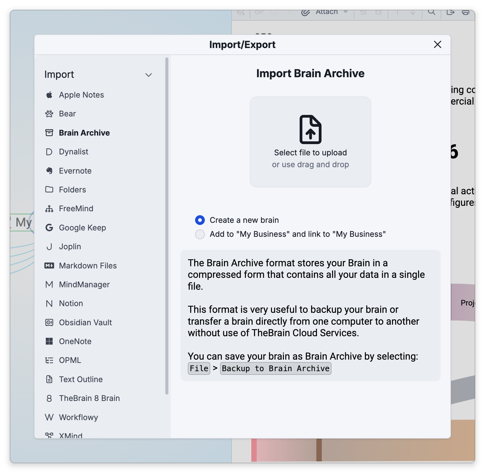 The Import/Export dialog on its Import side, with the formats listed on the left from Apple Notes to XMind and Brain Archive chosen. On the right are the Select file to upload box, the choice between Create a new brain and Add to "My Business" and link to "My Business", and a description of the format
