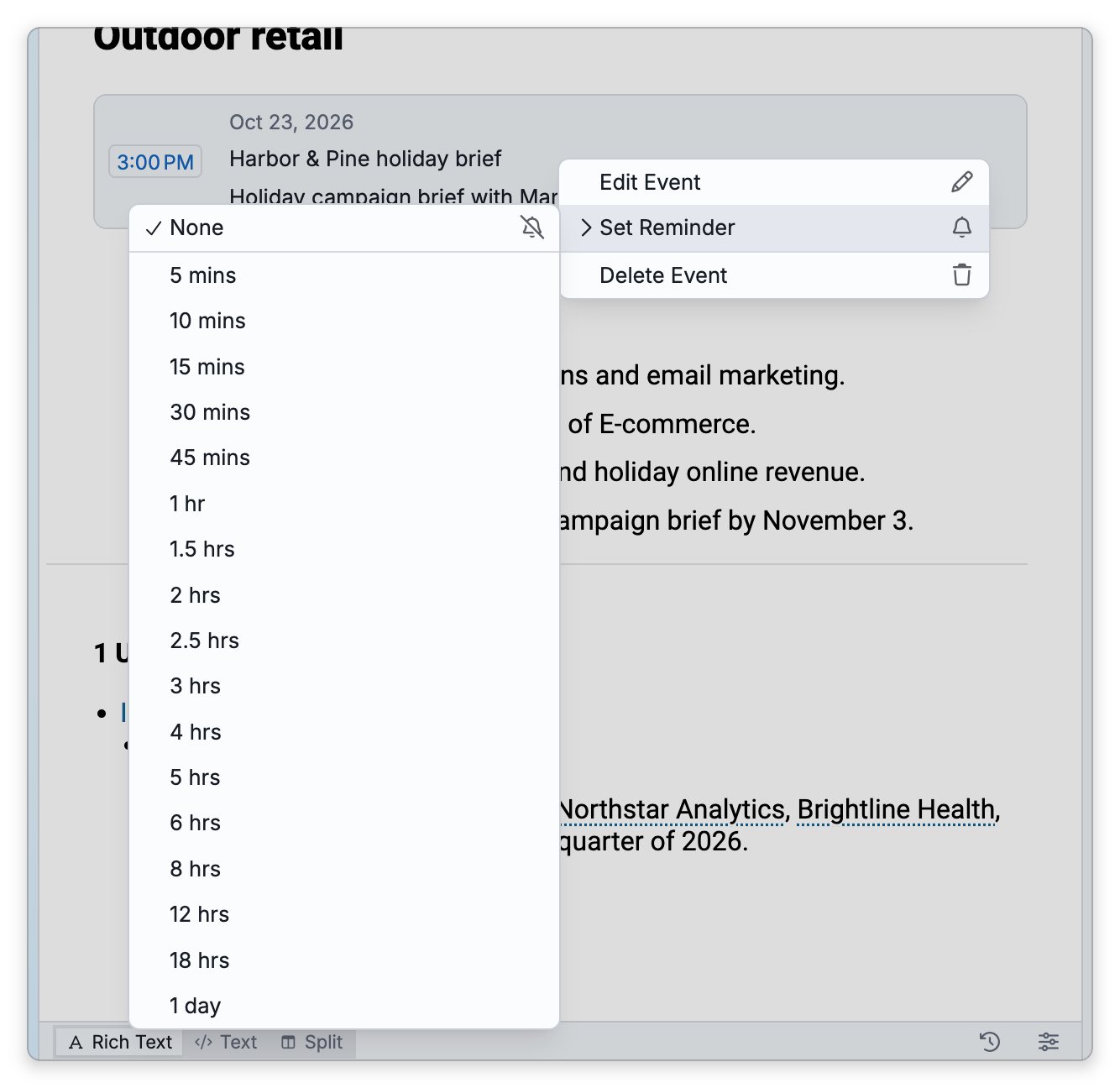 The right-click menu of an event in a thought's content area, with Edit Event, Set Reminder and Delete Event. Set Reminder is open, listing None (ticked), then 5 mins up to 1 day before the event