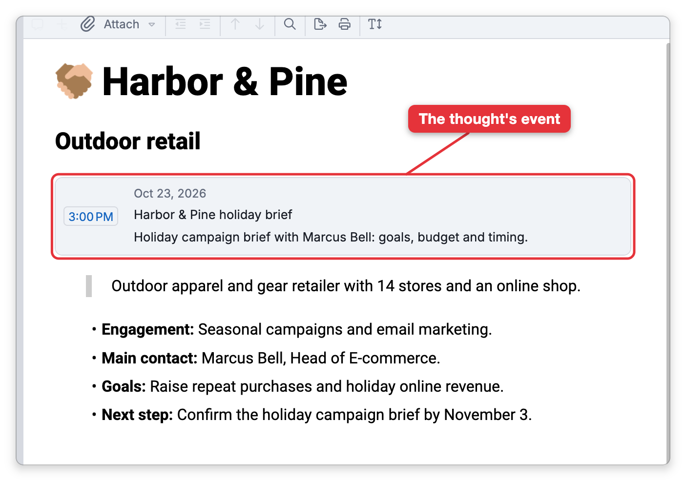 The content area of Harbor & Pine: under its name and label, its event Harbor & Pine holiday brief on Oct 23, 2026 at 3:00 PM with its description, and below it the note. A label points at the event
