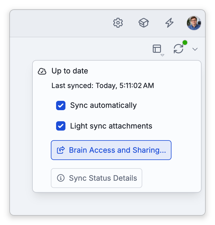The Sync button at the right end of the brain toolbar, with a green dot, and below it the popup that the arrow beside it opens: Up to date, Last synced: Today with a time, Sync automatically and Light sync attachments, both ticked, and the Brain Access and Sharing... and Sync Status Details buttons