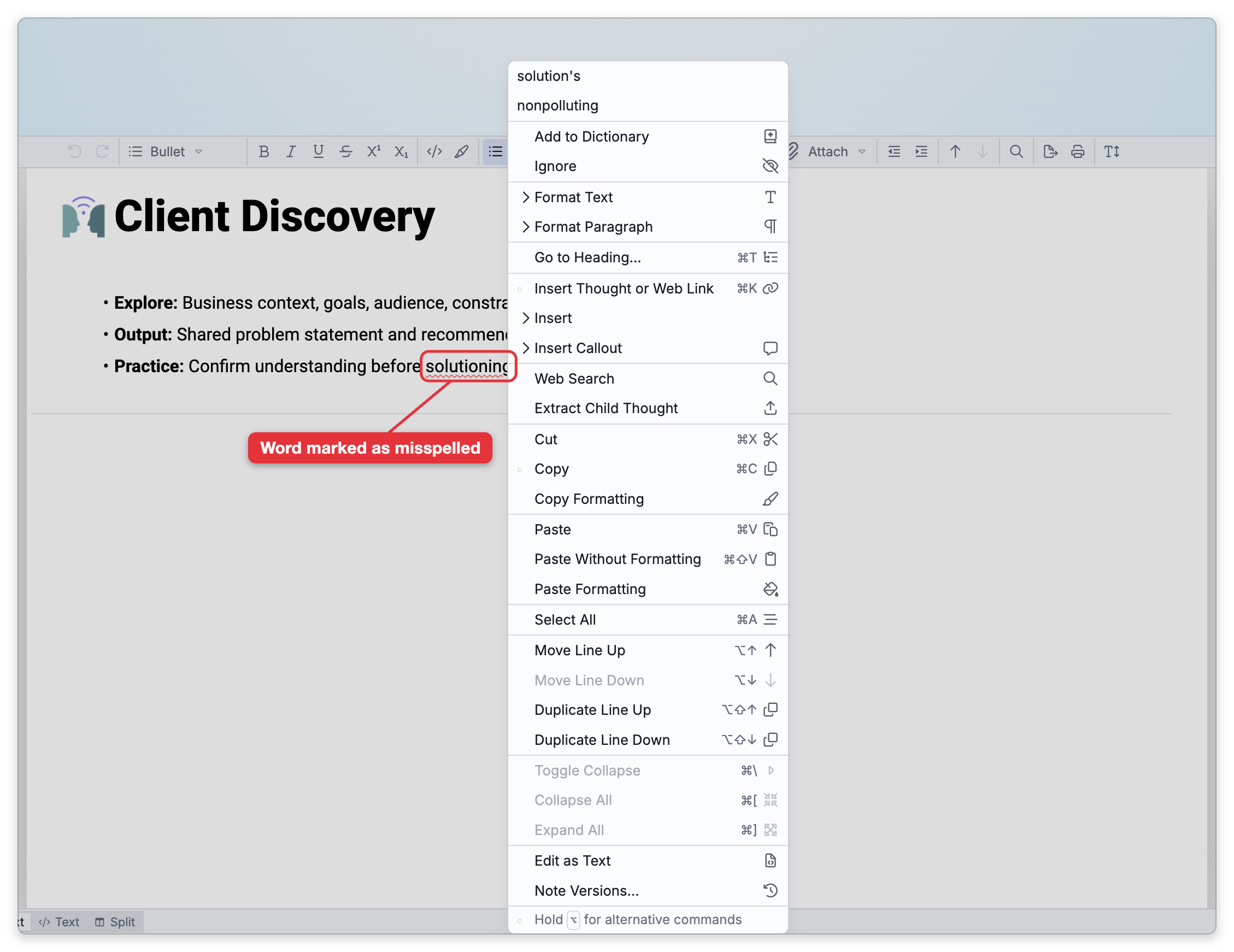 A word the spellcheck has underlined in a note, solutioning, with a label on it, and the menu that right-clicking it opens: the suggestions at the top, then Add to Dictionary and Ignore, then the note's usual commands