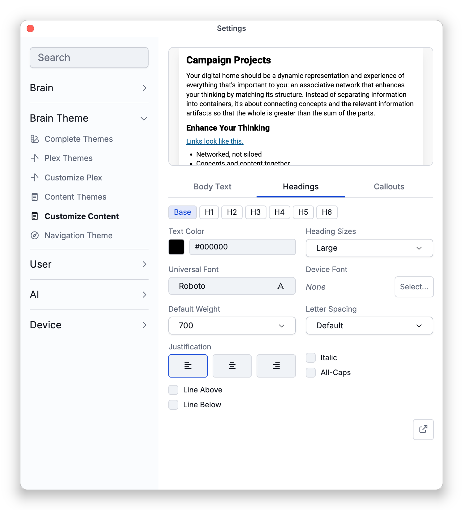 The Settings window on the Headings tab of Customize Content, with a preview of a note above the heading levels Base and H1 to H6 and their font settings
