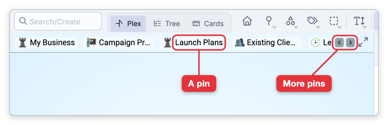 The pins bar along the top of the Plex, below the brain toolbar: My Business, Campaign Projects, Launch Plans and Existing Clients, with a label on the Launch Plans pin and another on the arrow buttons that scroll to more pins