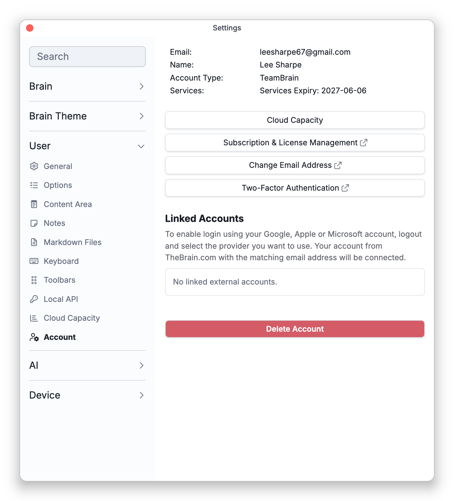 Settings > User > Account, whose Services line reads Services Expiry: 2027-06-06, with the Subscription & License Management button below it