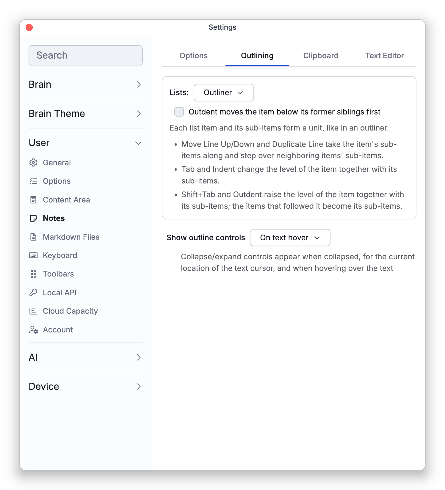 The Outlining sub-tab of the Notes settings, with the Lists choice set to Outliner and the panel that explains what each command does in that mode