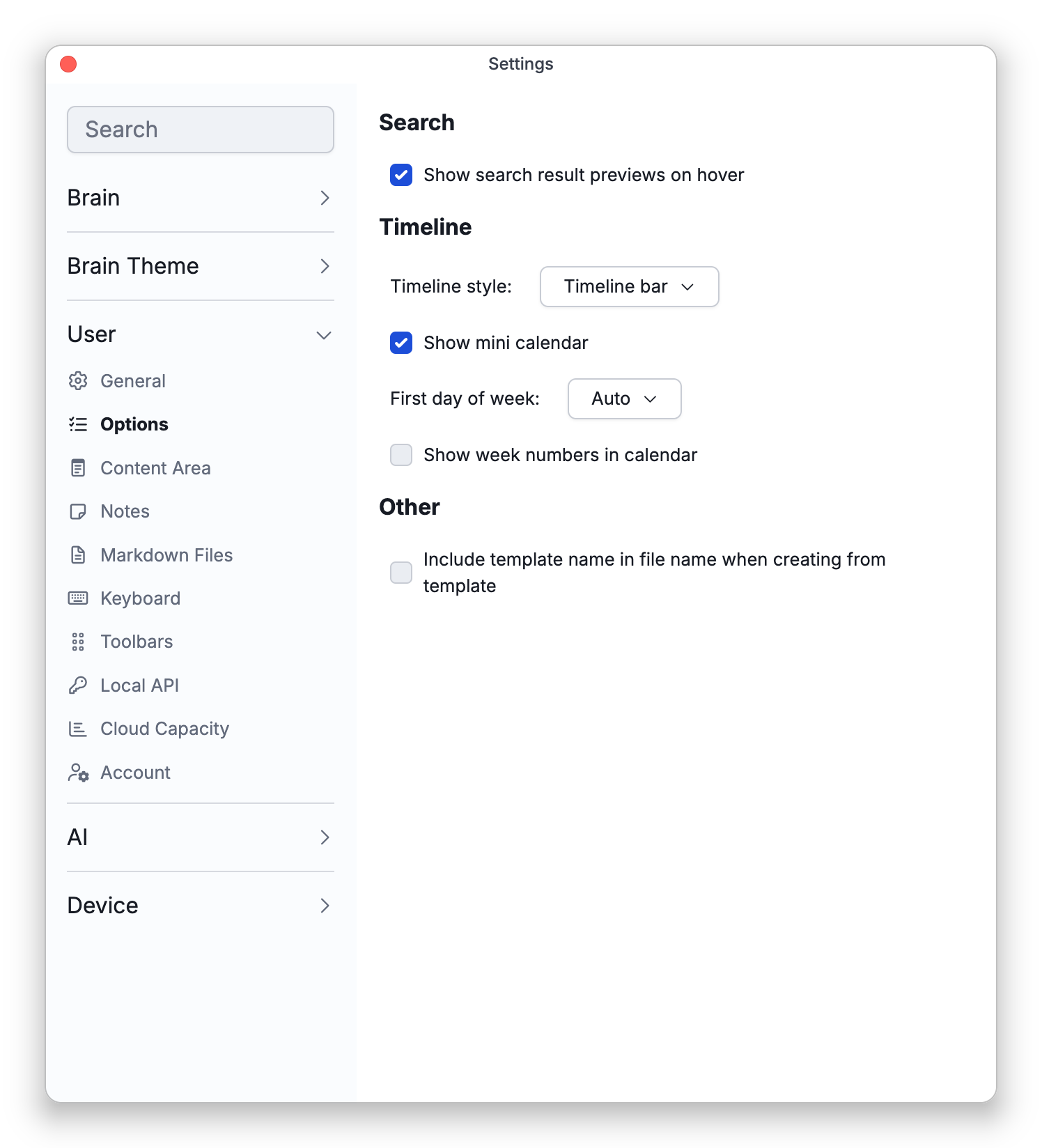 The Options tab in Settings, with the Search, Timeline and Other settings
