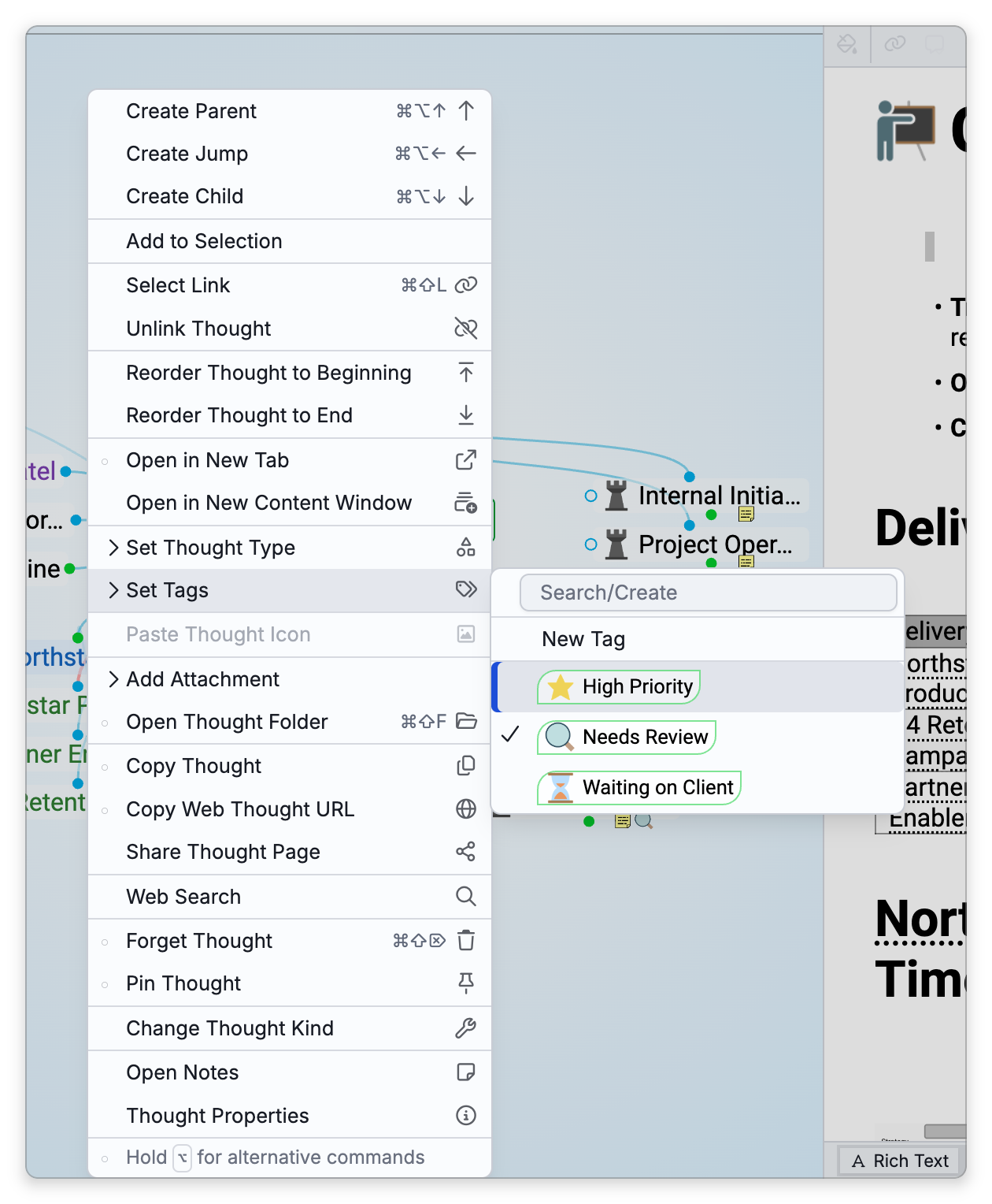 The thought menu of Q4 Retention Campaign with Set Tags open: a Search/Create box, New Tag, and the tags High Priority, Needs Review and Waiting on Client, with Needs Review ticked