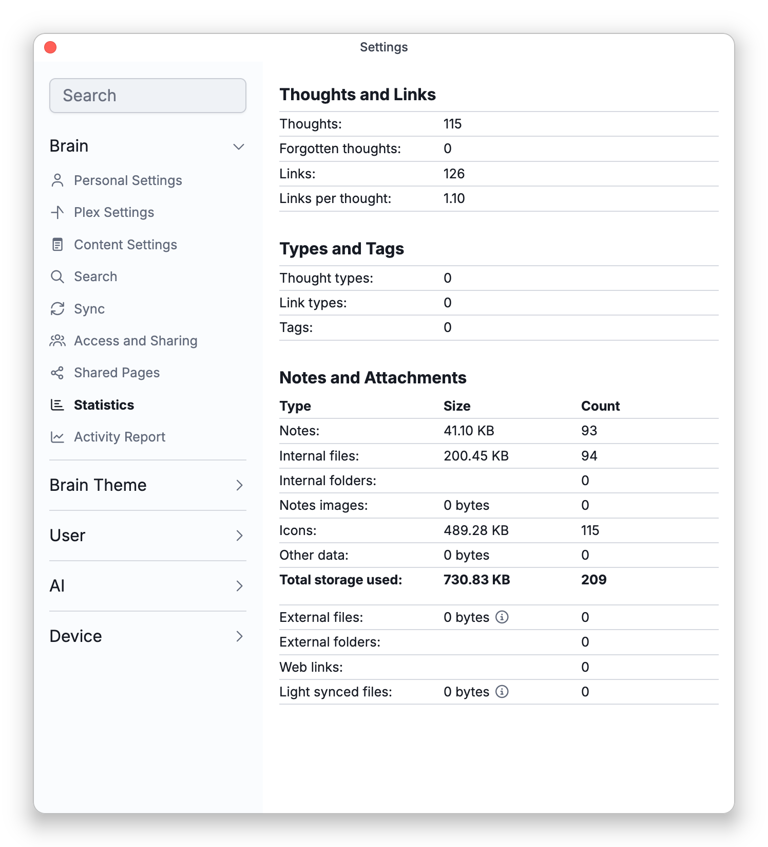 The Statistics tab in Settings, counting the brain's thoughts, links, types, tags, notes and attachments
