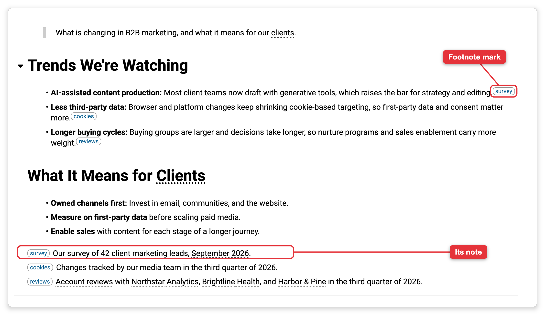 The note of Industry Trends with footnote marks named survey, cookies and reviews after three sentences, and the three footnotes at the foot of the note, each starting with the same mark. Labels point at the survey mark in the text and at its note