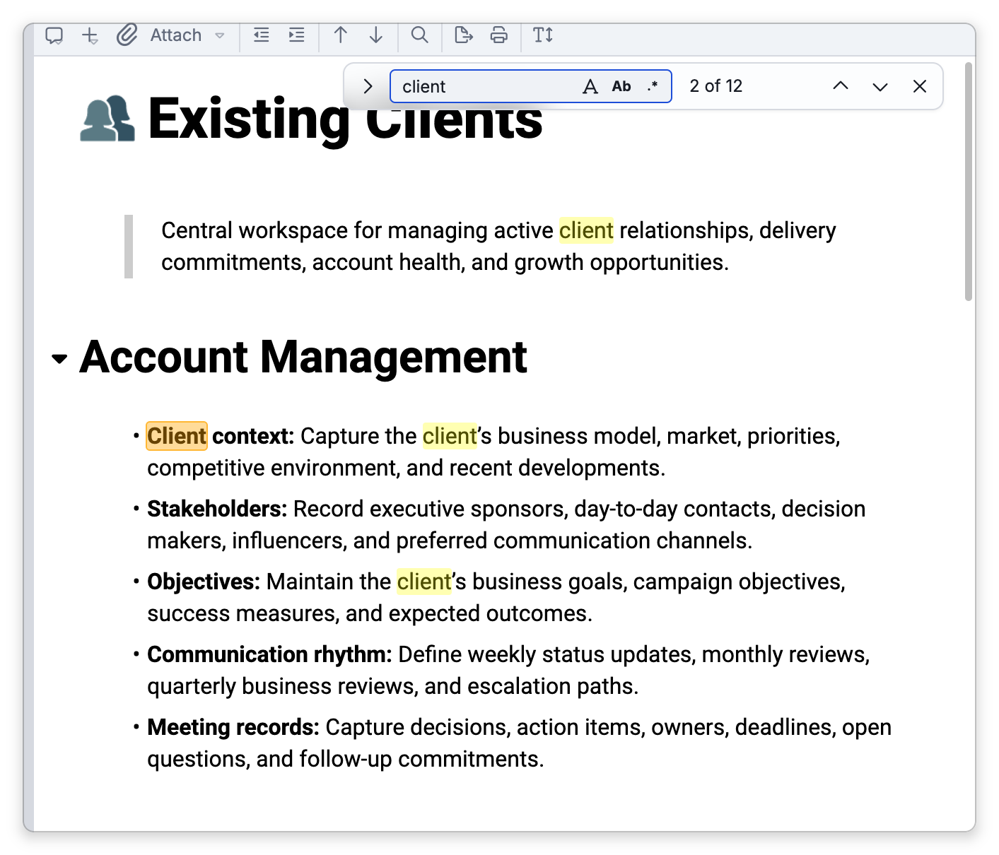 The find bar at the top of a note searching for "client", with every match highlighted and the current one in orange