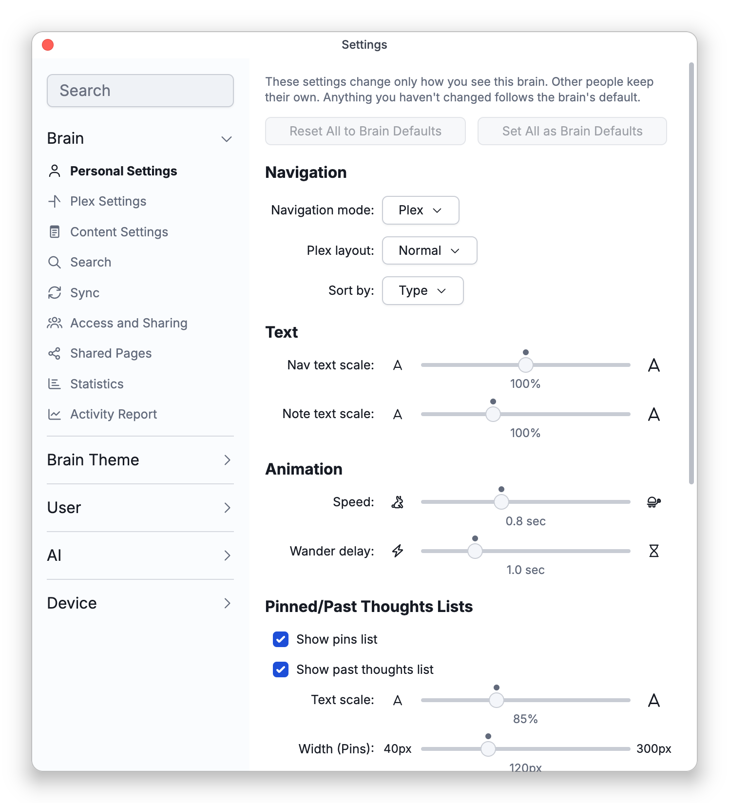 The Personal Settings tab in Settings, with the brain's navigation, text, animation and pinned and past thoughts list settings