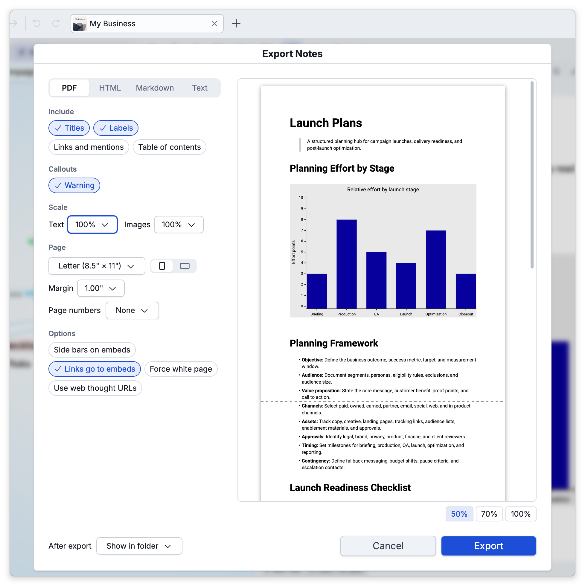 The Export Notes dialog for the note of Launch Plans: the format buttons with PDF chosen, the Include and Callouts buttons, Scale, the Page options, the Options buttons, After export, and a preview of the PDF on the right