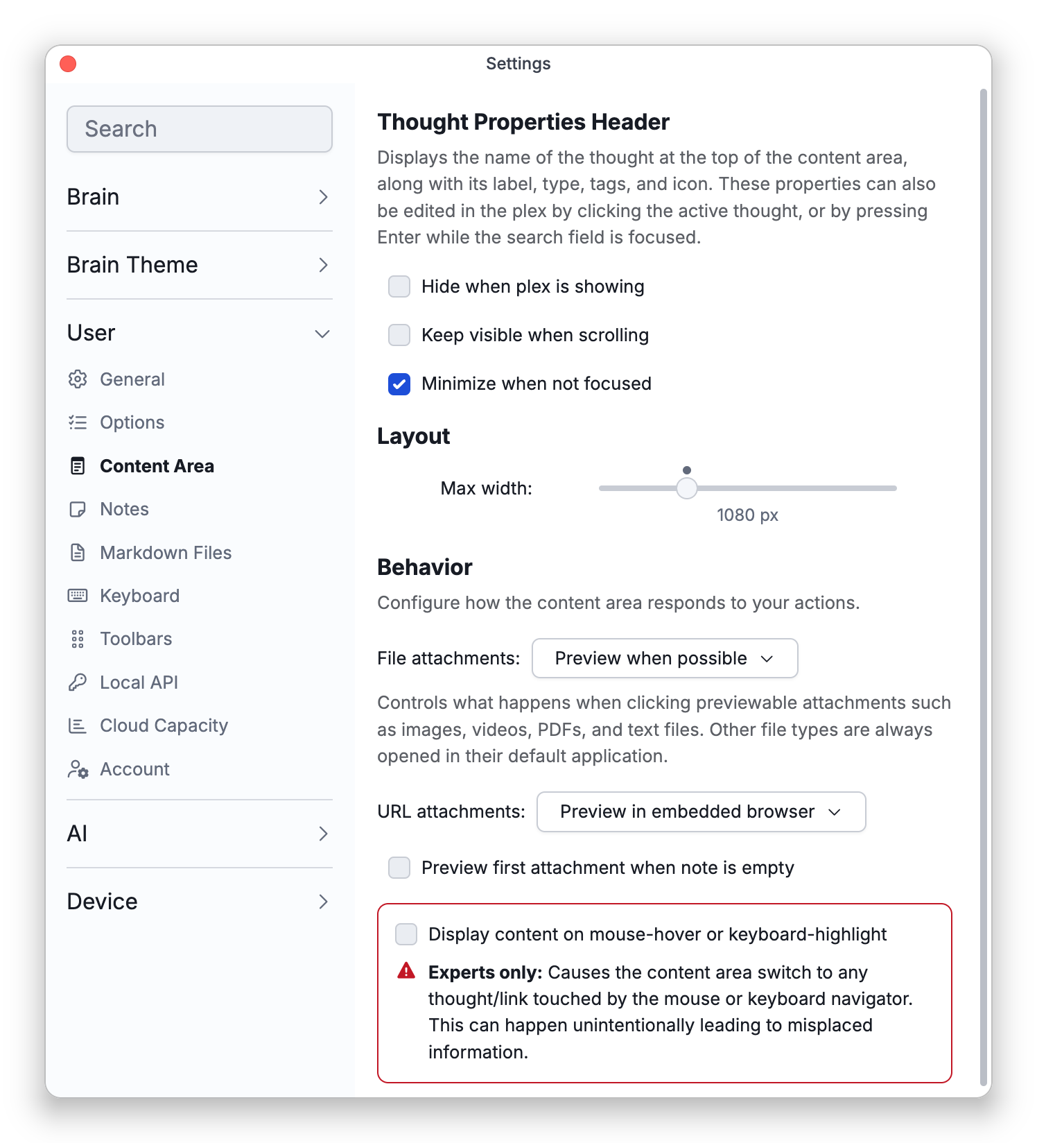 The Content Area tab in Settings, with the Thought Properties Header, Layout and Behavior settings