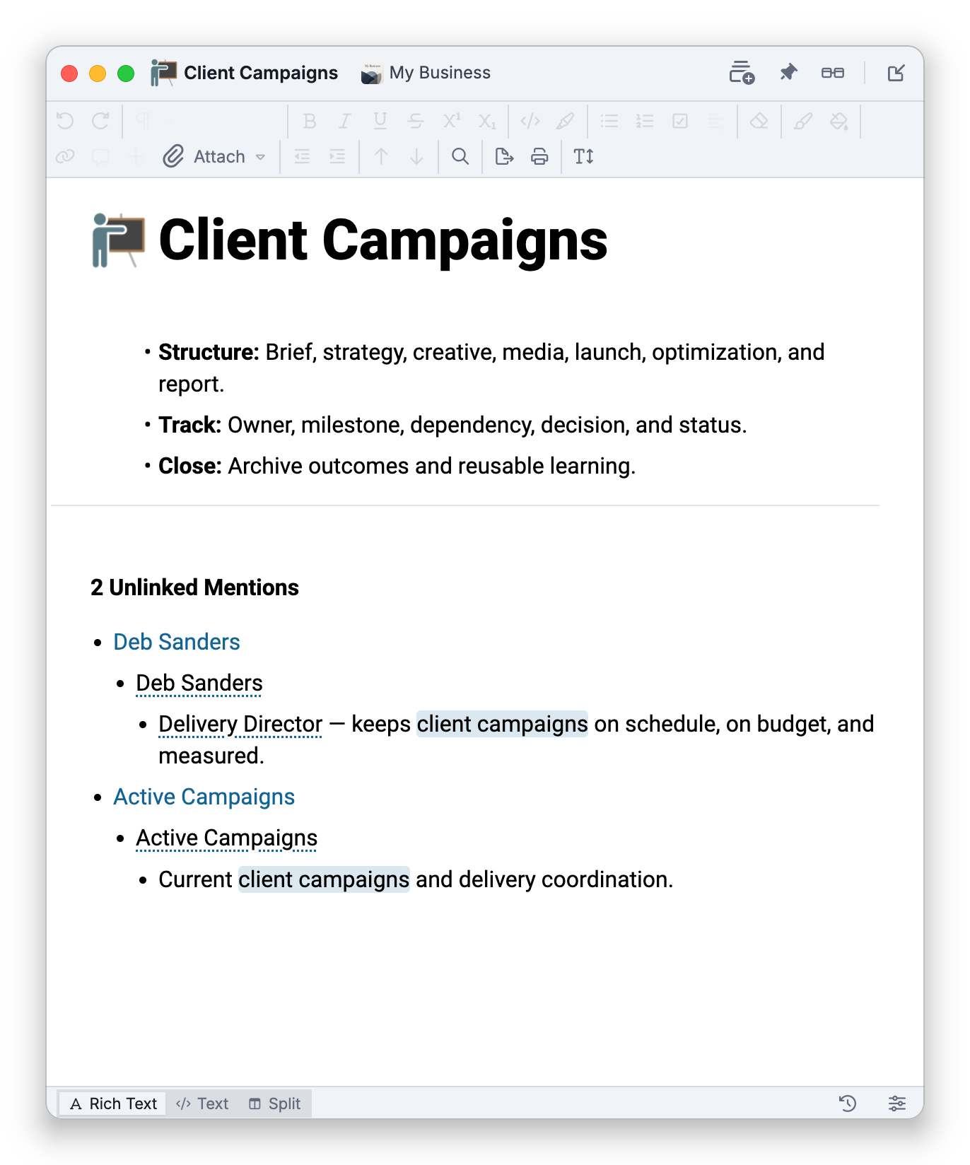 The content area floating in a window of its own, showing Client Campaigns. Its title bar has the window buttons, the thought's icon and name, and the brain's icon and name, then from left to right the Open in new content window, Keep above other windows and Go to brain window buttons and, after a line, Dock in brain window. Below it are the notes toolbar, the note and the status bar