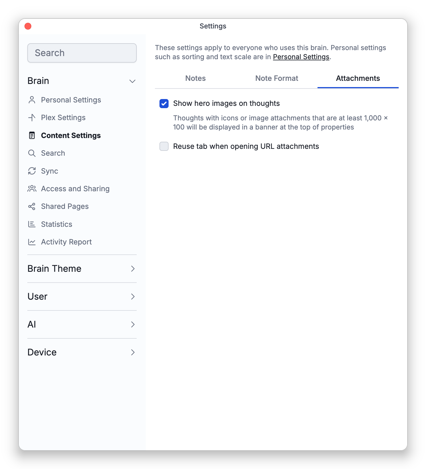 The Attachments tab of Content Settings under Brain in Settings, with Show hero images on thoughts ticked, its note that thoughts with icons or image attachments of at least 1,000 × 100 are shown in a banner at the top of the properties, and Reuse tab when opening URL attachments, which is off