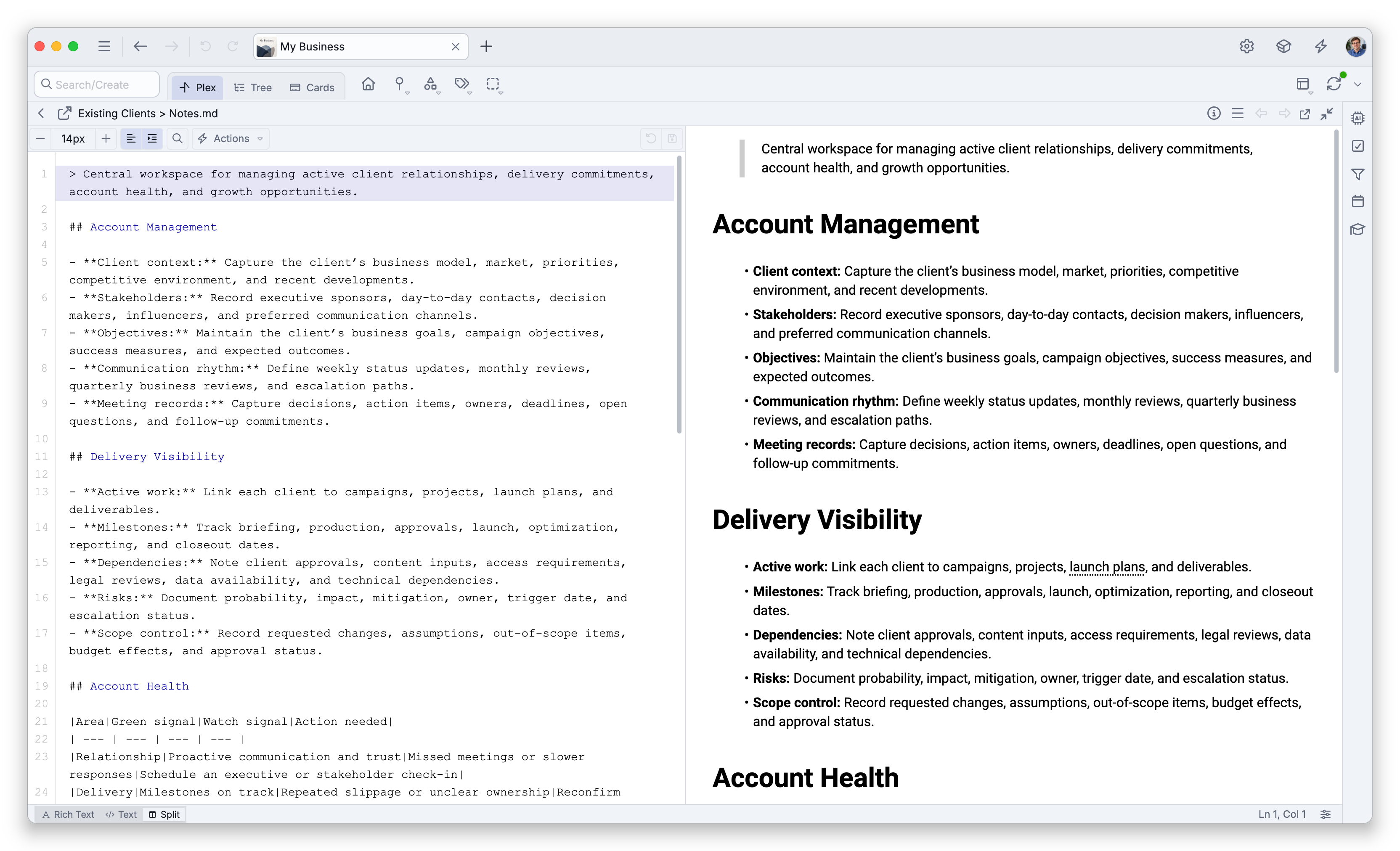 The note of Existing Clients in the Split view — its Markdown on the left and the formatted note on the right