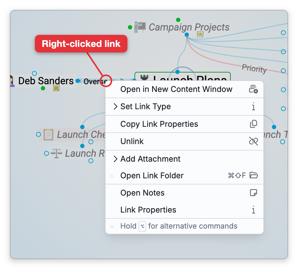 The menu that right-clicking a link's line opens, with a label on the right-clicked link: Open in New Content Window, Set Link Type, Copy Link Properties, Unlink, Add Attachment, Open Link Folder, Open Notes and Link Properties