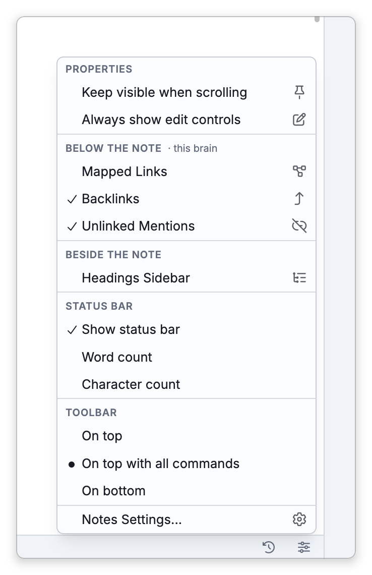 The View Options menu open from the notes status bar, with Mapped Links, Backlinks and Unlinked Mentions under Below the note