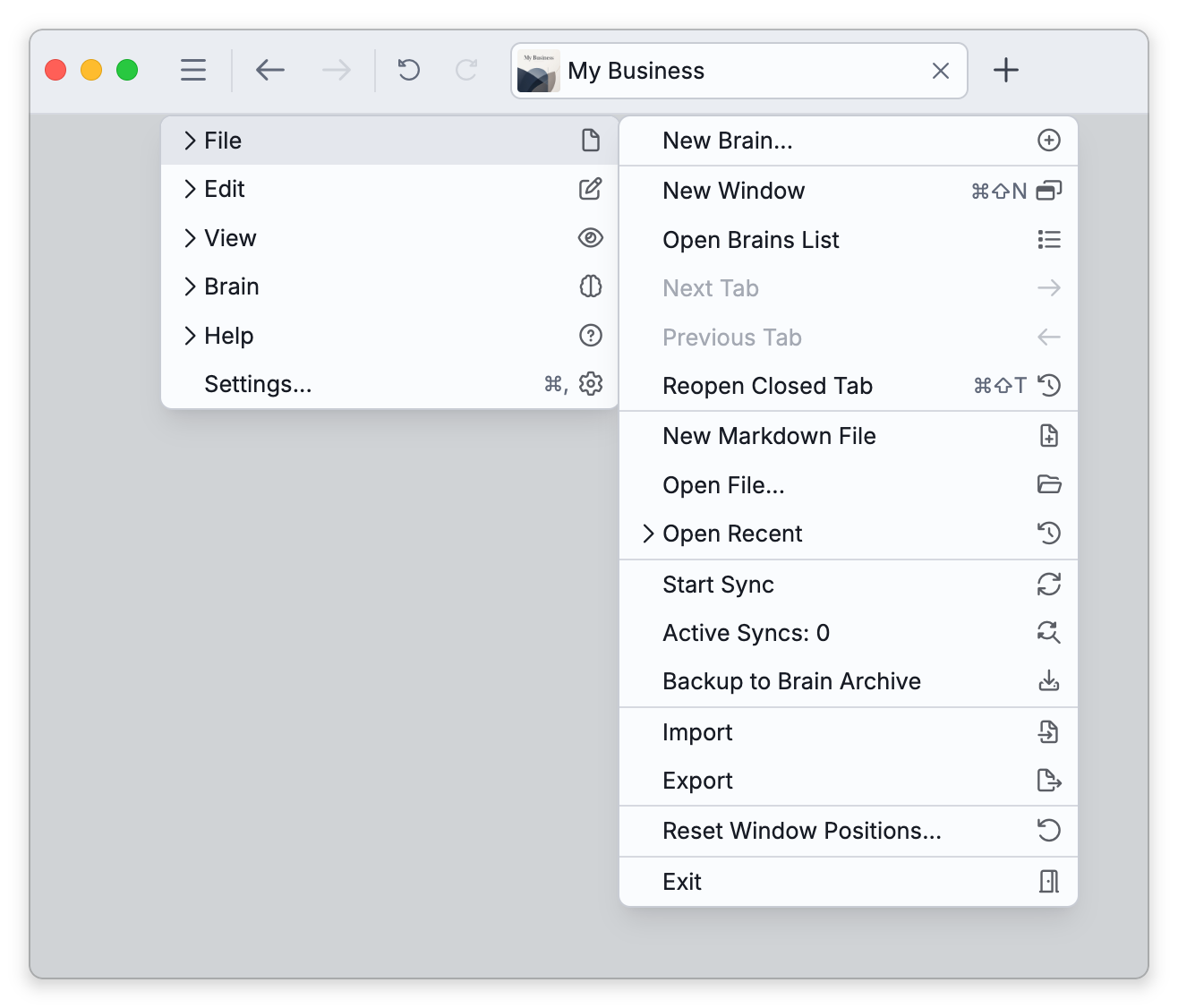 The Main Menu with File open, listing Backup to Brain Archive among its commands
