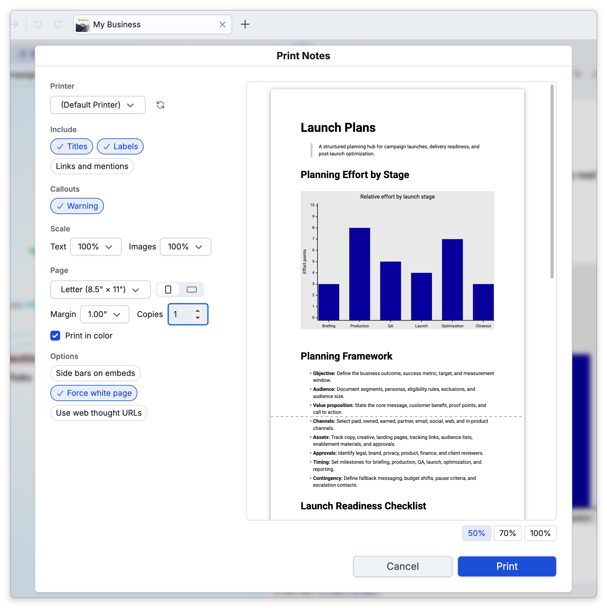 The Print Notes dialog for the note of Launch Plans: the printer, Include, Callouts, Scale, the Page options with Copies and Print in color, the Options buttons, and a preview on the right