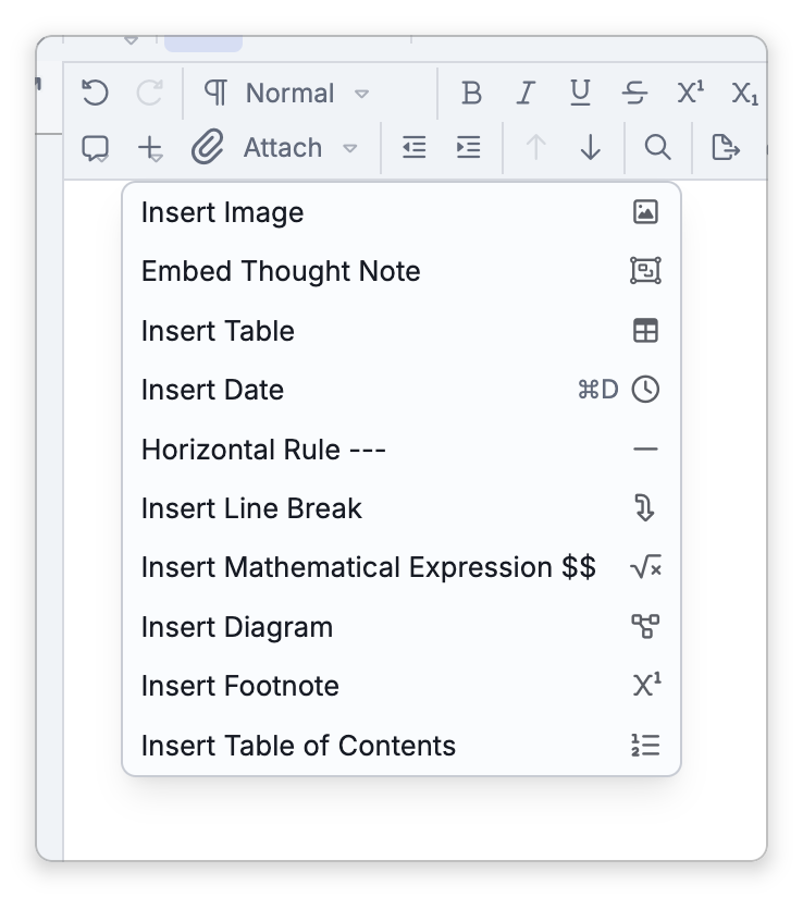 The Insert menu of the notes toolbar, with Insert Table third from the top