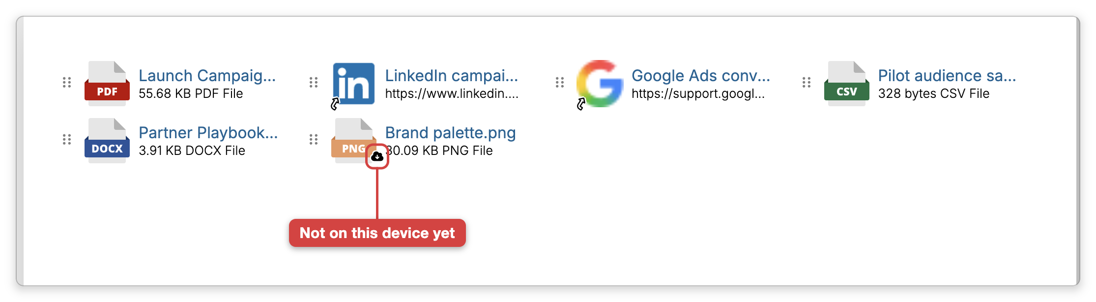 The attachments of a thought: a PDF, two web links, a CSV file, a Word document and an image. A label points at the cloud badge on the corner of the Brand palette.png icon, whose file is not on this device yet