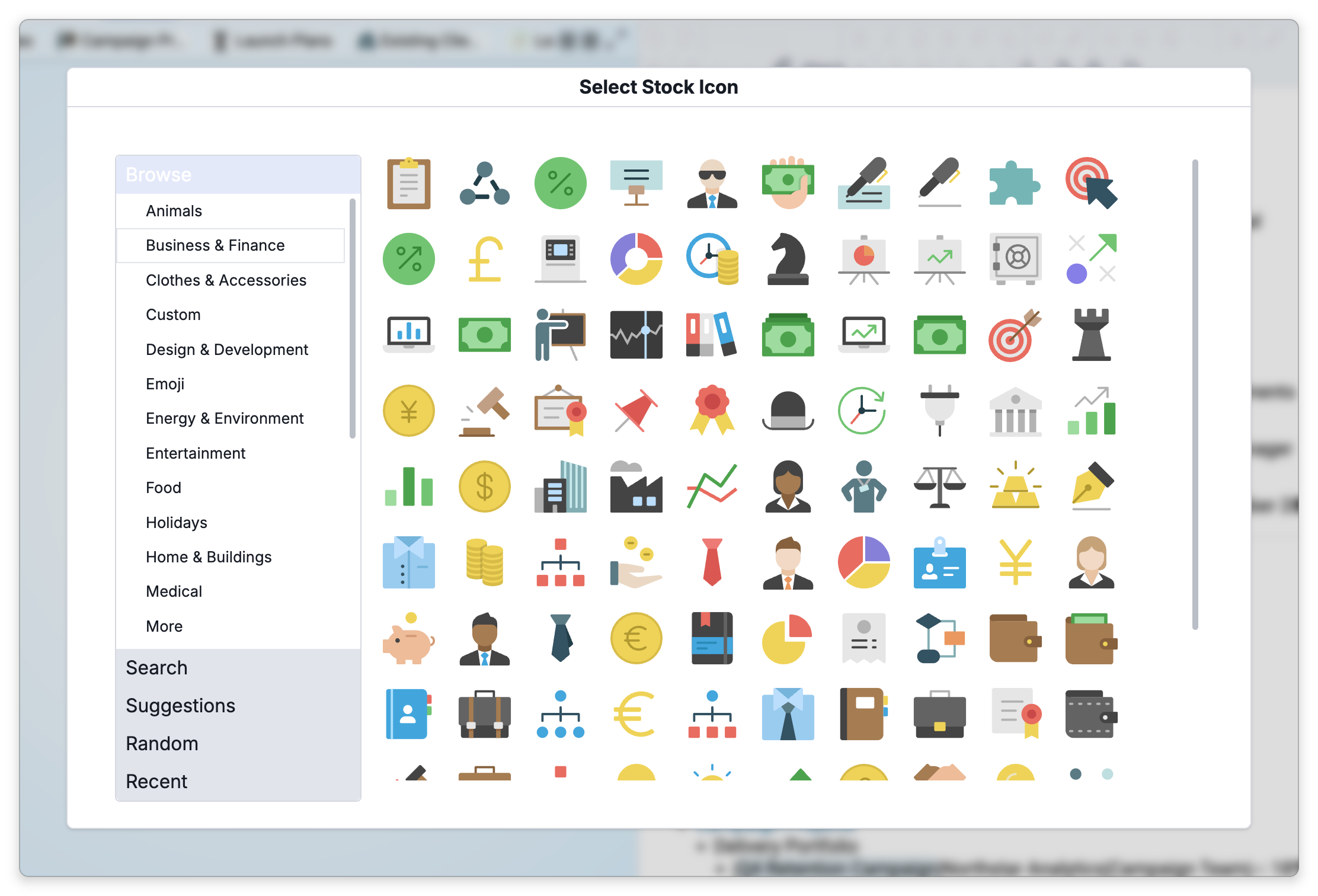 The Select Stock Icon dialog: Browse with its categories on the left and Business & Finance chosen, a grid of business icons on the right, and Search, Suggestions, Random and Recent below the categories