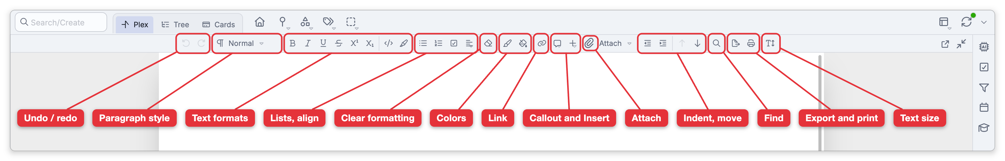 The notes toolbar, with a row of labels naming its groups of buttons from left to right: Undo / redo, Paragraph style, Text formats, Lists and alignment, Clear formatting, Colors, Link, Callout and Insert, Attach, Indent and move, Find, Export and print, and Text size