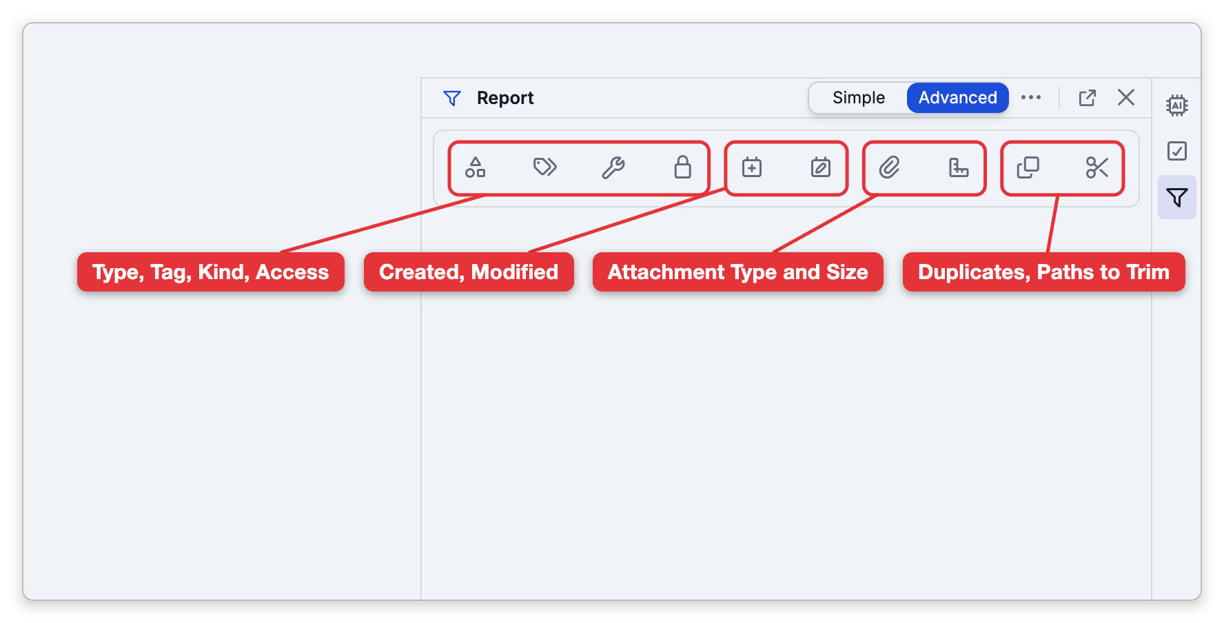 The Report panel in Advanced mode, with Advanced selected at the top and a row of ten filter icon buttons. Labels name them in groups: Type, Tag, Kind and Access; Created and Modified; Attachment Type and Attachment Size; and Duplicate Thought Names and Paths to Trim