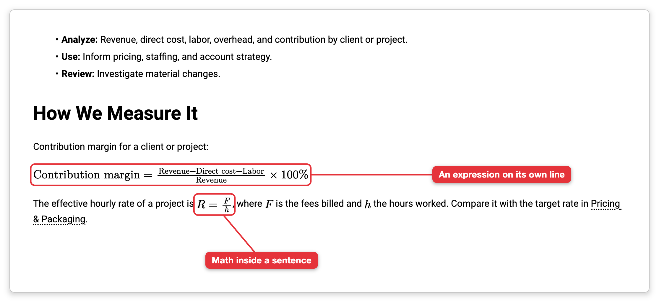 The note of Profitability under the heading How We Measure It: a formula for contribution margin, with a fraction, on a line of its own, and below it a sentence with the inline expression R = F/h and the letters F and h in math type. Labels point at the expression on its own line and at the math inside the sentence