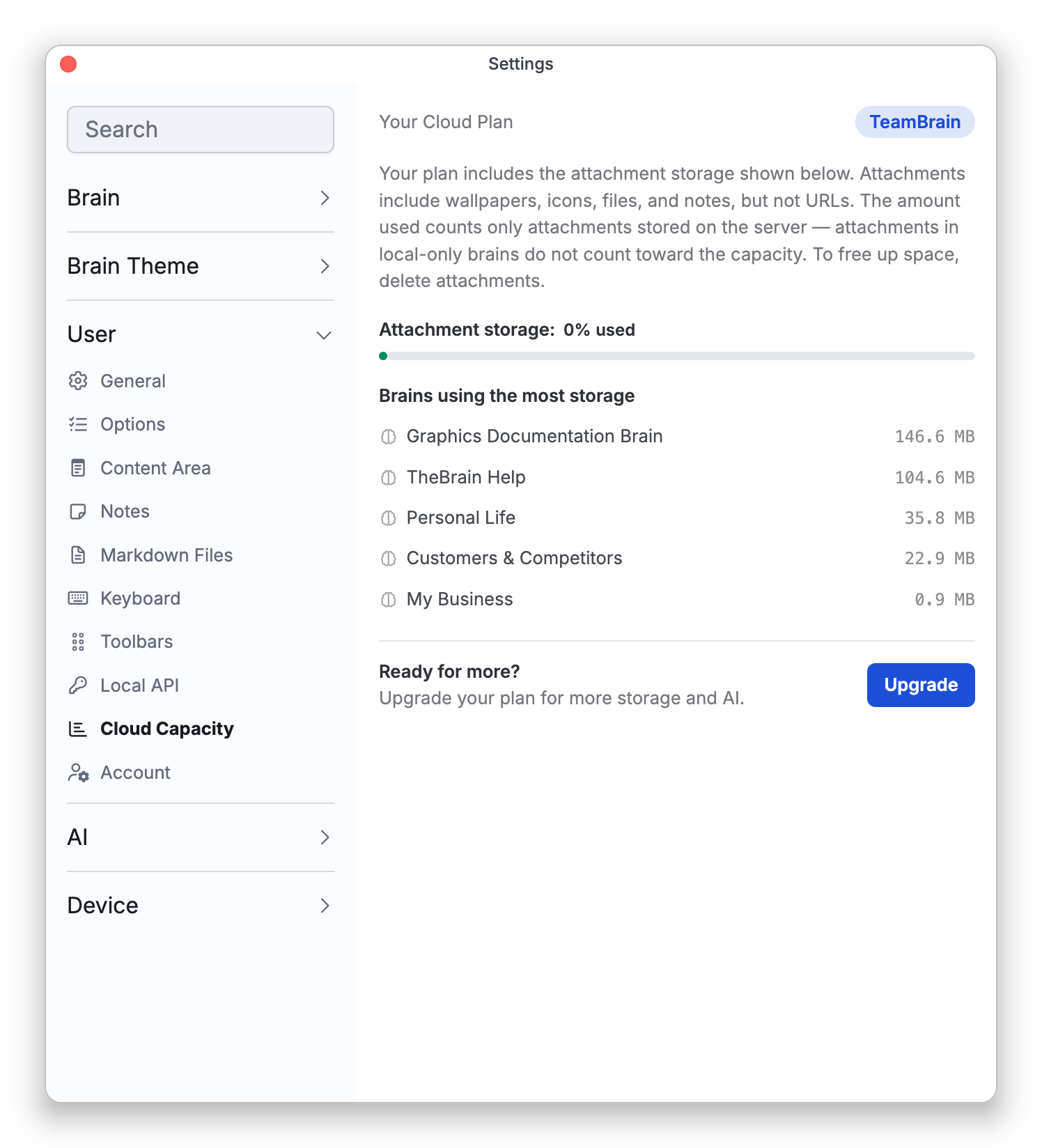 Settings > User > Cloud Capacity for an account on the TeamBrain plan: the plan's name at the top right, the attachment storage used, the brains using the most storage, and Ready for more? with an Upgrade button