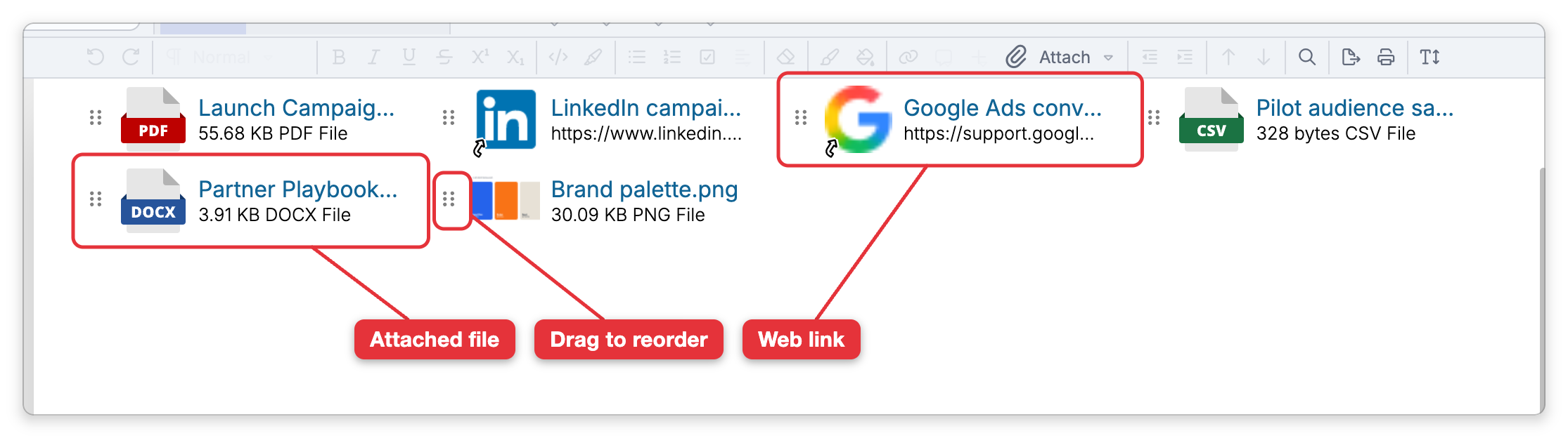 The attachments section of Northstar Product Launch as a grid of tiles: a PDF, two web links with their sites' icons, a CSV file, a Word document and an image, each with its name and its size and type or address. Labels point at a file, at the grip handle used to drag a tile to another place, and at a web link