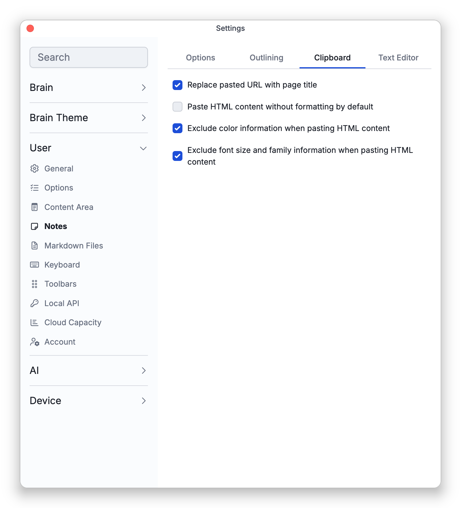 The Clipboard sub-tab of the Notes settings, with Replace pasted URL with page title ticked, Paste HTML content without formatting by default off, and Exclude color information and Exclude font size and family information when pasting HTML content both ticked