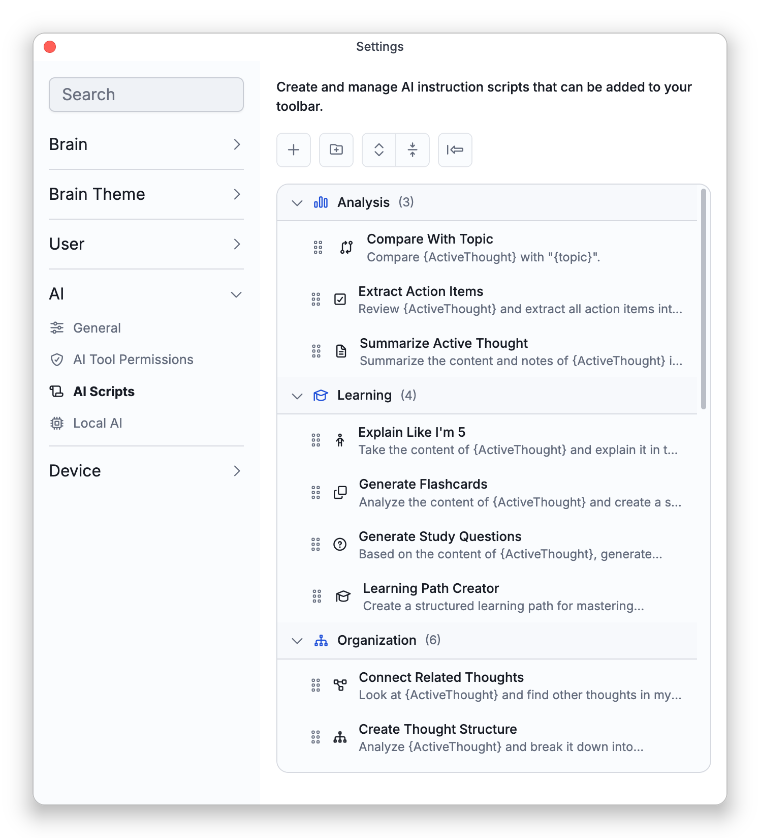 The AI Scripts tab in Settings, listing the built-in scripts in their folders