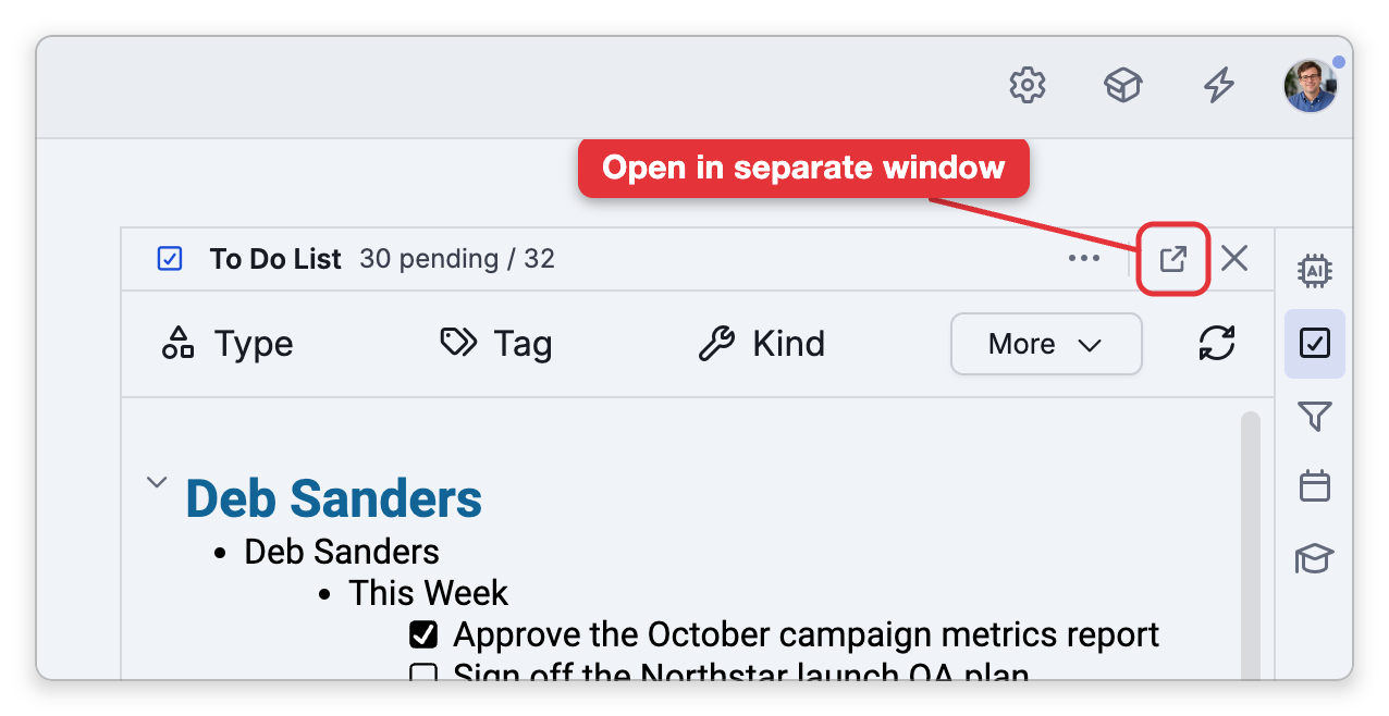 The To Do List in the tools sidebar, with the sidebar's toolbar of five tools on the right. A label points at the Open in separate window button in the tool's header, between the More Actions button and the Close button