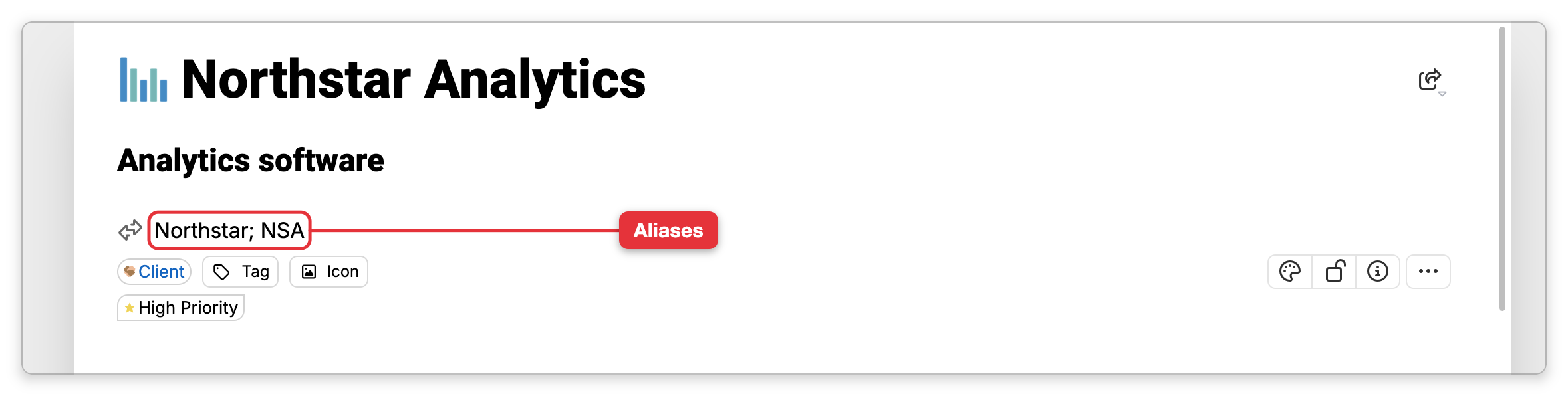 The properties header of Northstar Analytics, with its label Analytics software and, below it, the aliases row Northstar; NSA, which a label points at. The Client type, Tag and Icon buttons are under it