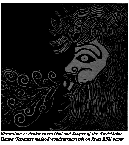 Text Box:  Illustration 2: Aeolus storm God and Keeper of the WindsMoku-Hanga (Japanese method woodcut)sumi ink on Rives BFK paper