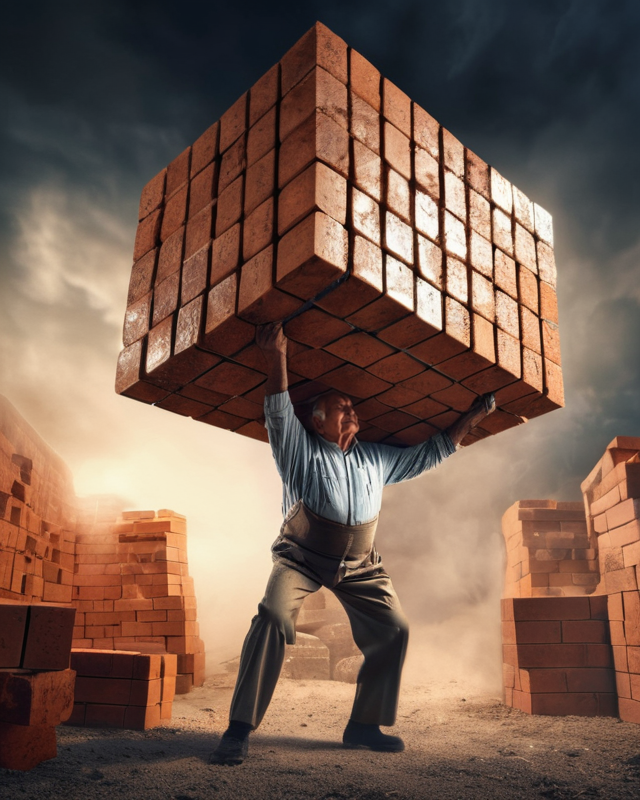 1 - Grandfather lifting heavy bricks doing hard wo